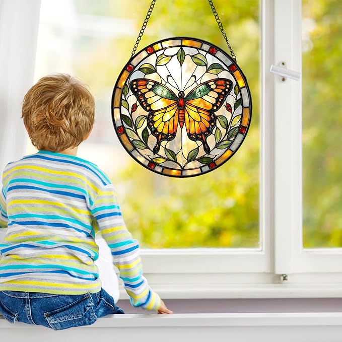 Butterfly Stained Glass Suncather for Window Hanging, 6.3'' Yellow Butterfly Ornament Gift for Women, Nature-Inspired Home Decor Gift for Mom, Grandma, Mother's Day (Yellow, 6.3'')