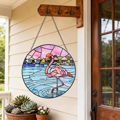 Stained Glass Window Hanging, Flamingo Circular Painted Glass Suncatcher with Chain & Suction Cup for Home Garden Door Decor, Birthday for Women Men Mom 7.8 in