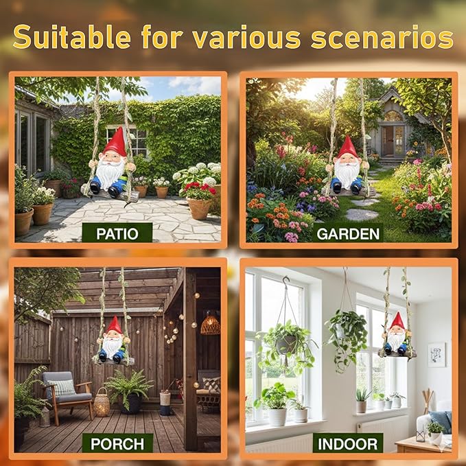 Garden Gnome on Swing Statue Decoration, Funny Resin Dwarf Sculpture for Lawn Patio Climbing Tree Decor Outdoor, Gifts for Mom Women and Man (Gnome-C)