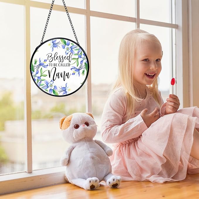 Nana Gifts Suncatchers Stained Glass Window Hanging, Blessed to Be Called Nana, Grandma Gifts for Mother's Day, Flower Sun Catchers Indoor Window Glass Wall Deco, 7.9x7.9in