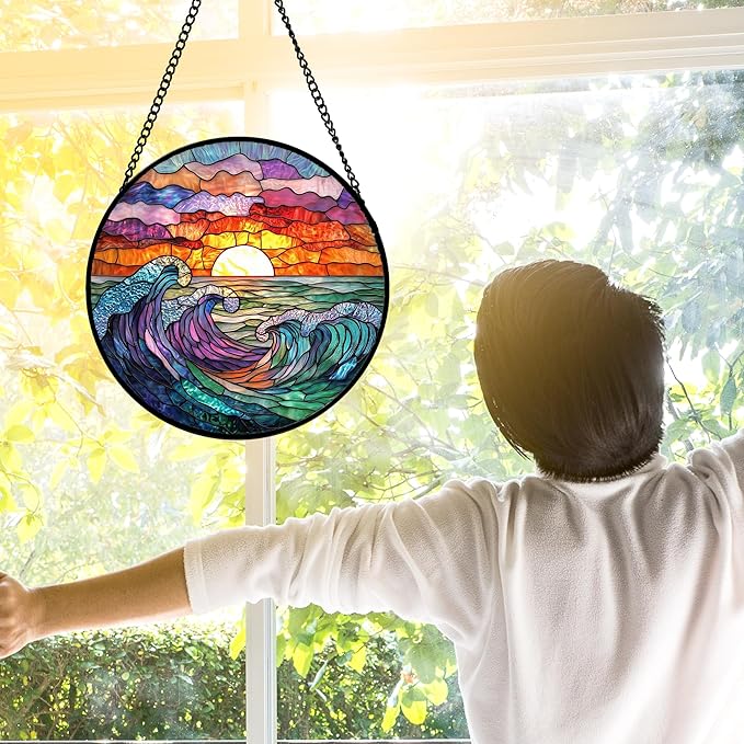 DASTOLL Stained Glass Window Hanging, Clouds and Sea Waves Suncatcher Diamond Glass Panel Hangings Scenery Sun Catchers Decor for Birthday for Women, Men, Wife, Aunt, and Mom 9.8 in