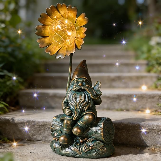 Solar Gnome Sculpture with Butterfly on Hand, Wood Base & Iron Flower Glass Ball for Outdoor Garden