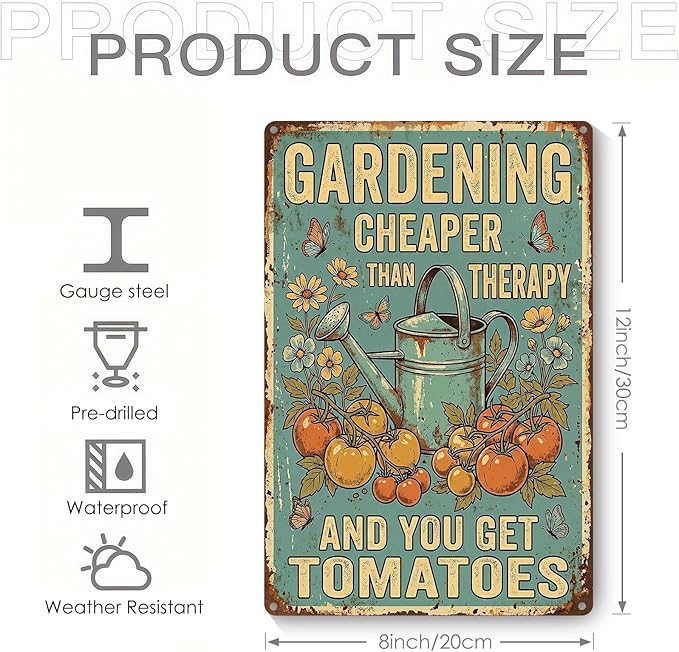 Vintage Metal Garden Sign, Gardening Cheaper Than Therapy Wall Decor, Funny Gardening Gifts for Women, Home Patio Yard Art, 8 x 12 Inches
