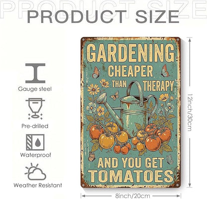 Vintage Metal Garden Sign, Gardening Cheaper Than Therapy Wall Decor, Funny Gardening Gifts for Women, Home Patio Yard Art, 8 x 12 Inches