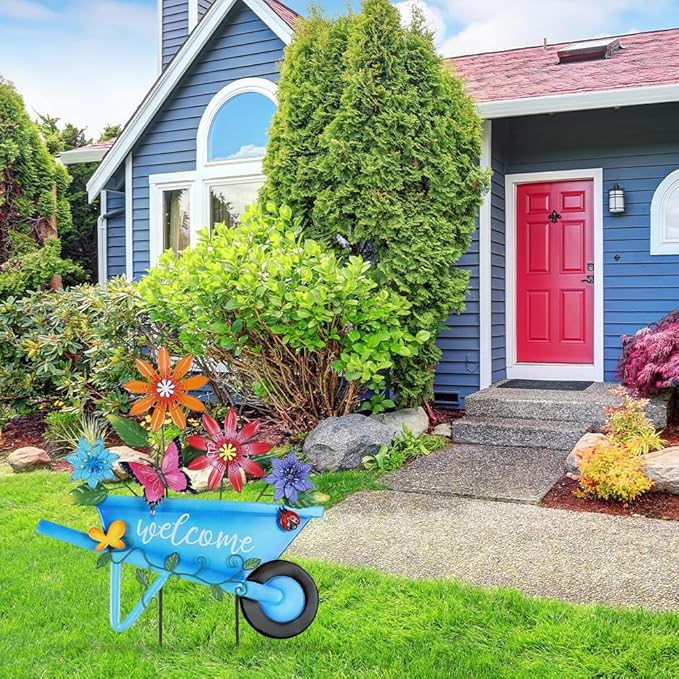 YEAHOME Garden Decor for Outside, 25” Decorative Garden Stakes Metal Wheelbarrow with Flowers for Spring Decor, Butterfly Cart Welcome Yard Signs for Outdoor Lawn Backyard Porch Pathway Decorations