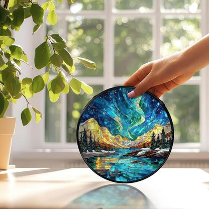 Nature Mountain Aurora Borealis Suncatchers Stained Glass Window Hanging, Northern Lights Sun Catchers Indoor Window Glass Round Wall Decor, Nature Wall Hanging Decorations, 7.9x7.9in