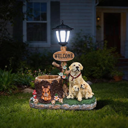 Solar Garden Statue with Planter & Solar Lantern, Outdoor Resin Animal Sculpture, Waterproof Yard Lawn Decor Pot for Succulents, Front Porch Ornament Housewarming Gift(Labrador)
