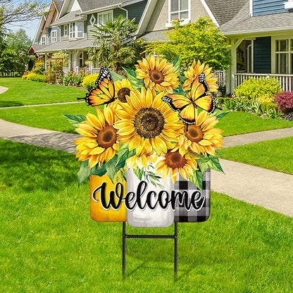 JarThenaAMCS Summer Sunflower Metal Garden Stakes Flower Welcome Yard Sign Watercolor Floral Vase Decorative Lawn Sign for Home Outside Lawn Porch Decor