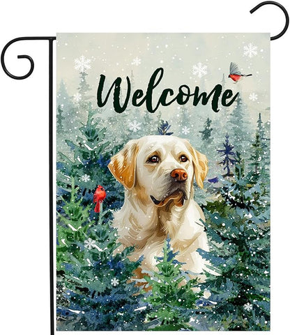 Welcome Winter Garden Flags White Lab Garden Flag Cardinal Birds on Snowy Pine Tree Flag Labrador Dog Yard Flags for Outside 12x18 Double Sided Christmas Decorative Lawn Flags