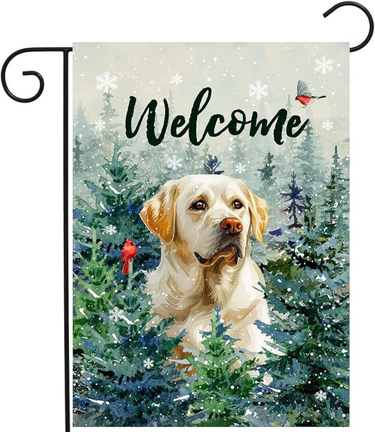 Welcome Winter Garden Flags White Lab Garden Flag Cardinal Birds on Snowy Pine Tree Flag Labrador Dog Yard Flags for Outside 12x18 Double Sided Christmas Decorative Lawn Flags