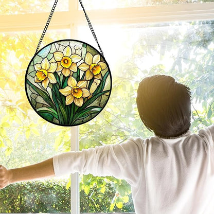 DASTOLL Stained Glass Window Hanging, Daffodil Plant Flowers Sun Catchers Diamond Glass Panel Hangings Suncatcher Decor for Birthday for Women, Men, Wife, Aunt, and Mom 9.8 in