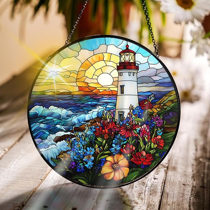 Bimkole Lighthouse Stained Glass Suncatcher Window Hanging - Landscapes Design for Indoor Window or Doorway Decoration - 7.87x7.87 inch with Chain and Hook - Unique Home Decor Gift