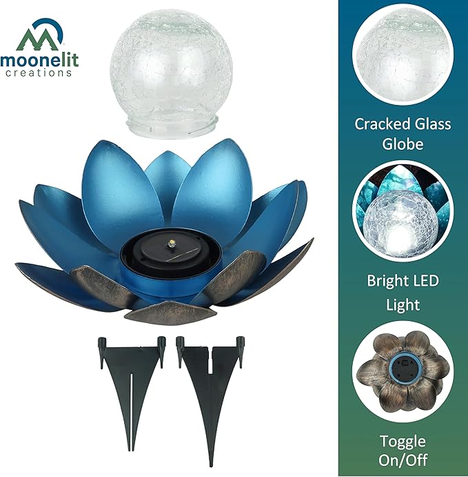 MCSLOTUS-B Blue Lotus Flower Solar LED Garden Light with Crackled Glass Globe – Waterproof Metal Outdoor Décor