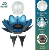 MCSLOTUS-B Blue Lotus Flower Solar LED Garden Light with Crackled Glass Globe – Waterproof Metal Outdoor Décor