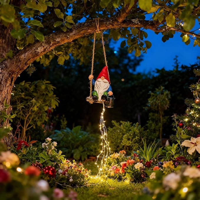 Watering Can Solar Lights Garden Gnomes Hanging Statues, Swing Gnome Cascading LED Decorations for Outside Backyard Yard Patio Tree Wall, Hoswarming Birthday Gifts for Woman Mom Grandma