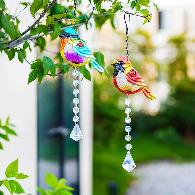 Set 2 Stained Glass Little Birds Suncatchers Rainbow Maker Crystal Prisms Hanging Suncatcher for Window Colorful Metal Birds Wall Art Fence Decorations Ornament for Christmas Tree