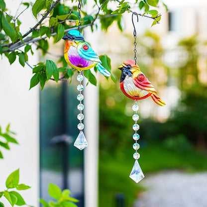 Set 2 Stained Glass Little Birds Suncatchers Rainbow Maker Crystal Prisms Hanging Suncatcher for Window Colorful Metal Birds Wall Art Fence Decorations Ornament for Christmas Tree