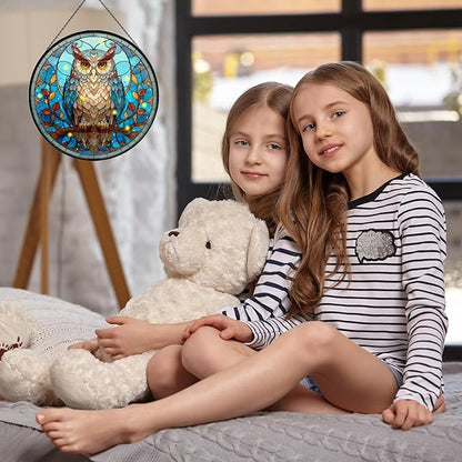 Owl Stained Glass Window Hanging, 7.9" Owl on a Branch Suncatcher for Window Doors Home Decoration, Owls Decor for Home, Mother's Day Christmas Birthday Gifts for Owls Lovers Women Men