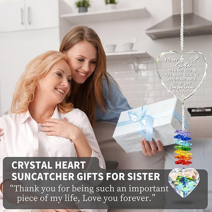 Suncatcher Gifts for Sister, Personalized Crystal Heart Ornaments Hanging for Windows, Cool Garden Gifts for Sister Birthday