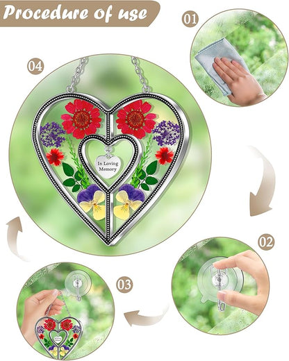 KY&BOSAM Heart Suncatcher Stained Glass Suncatchers in Loving Memory Memorial for Loss of Loved One Unique Sympathy Gift Real Pressed Dried Flower Bereavement Grief for Loss of Mom Grandma Decor