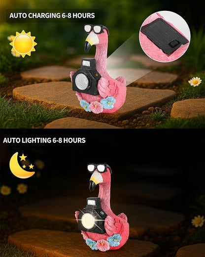 GoGnome Solar Flamingo Garden Statue with Camera Light – 5.5in Tall Solar Powered Outdoor Figurine for Yard, Patio, Balcony – Funny Garden Decor, Gift for Women (Flamingo)