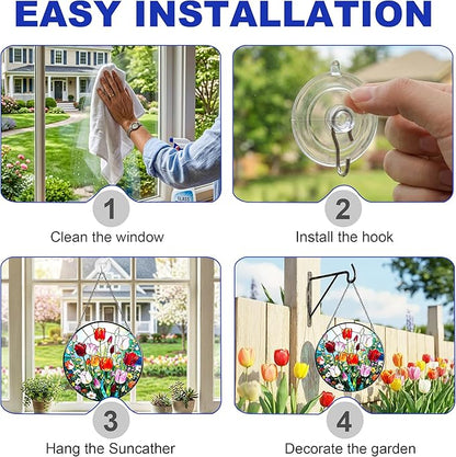 Stained Glass Window Hanging, Colorful Tulips Suncatcher 7.8 in Sun Catcher Glass Panel Boho Wall Art Decor with Chain Diamond Glass Panel Hangings Scenery Sun Catchers Decor for Lover Couple Mom