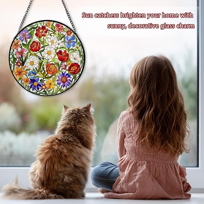 Flower Stained Glass Window Hanging, Suncatcher Diamond Glass Panel Hangings, Wildflower Colorful Sun Catchers Indoor Windows Wall Art, Gift for Mom Grandma, Christmas Decor for Home Office7.87 inches