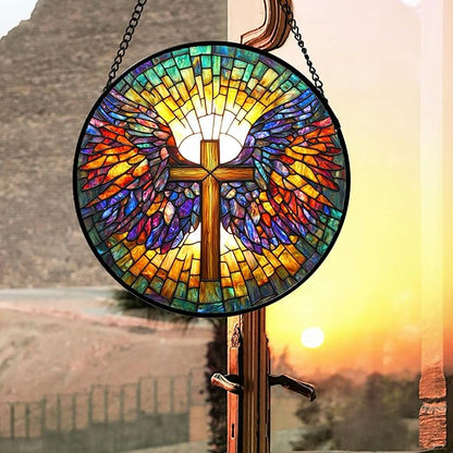 DASTOLL Stained Glass Window Hanging - Jesus Cross Wings Suncatcher Ready to Hang Window Doors Home Decoration and Christmas, Mother's Day Birthday Gifts for Women, Men, and Mom 14.9x14.9 in