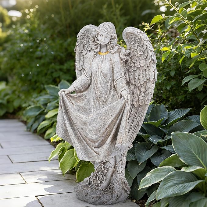 basen Angel Garden Statue Outdoor, Memorial Angel Figurine for Grave Yard Lawn, Resin Praying Angel Sculpture for Cemetery Decoration, Sympathy Gift, Spiritual Garden Decor