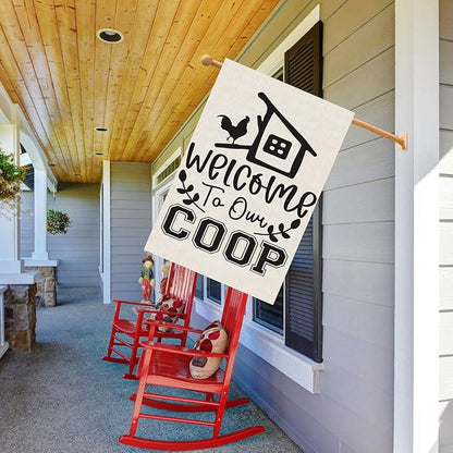 Black Chicken Welcome to Our Coop Large House Flag Burlap 28X40 Inch Vertical Double Sided Outside Yard Holiday Outdoor Farmhouse Decoration