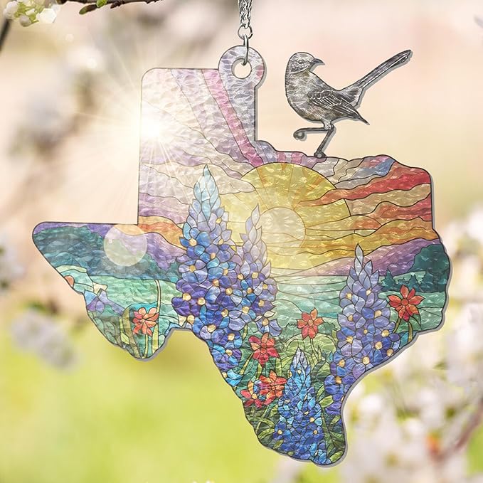 FLAGWIX Texas Gifts for Women Men - Stained Glass Window Hanging 8in - Mockingbird Bluebonnet Suncatchers for Windows Hanging, Texas Themed Gifts for Friends, House Warming Gift Ideas
