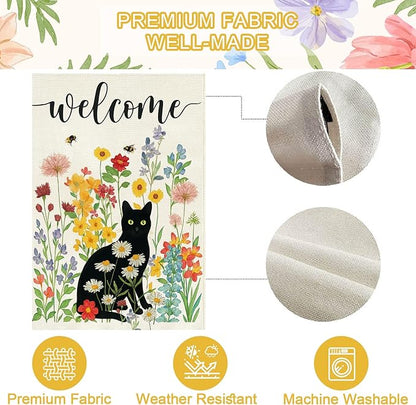 Baccessor Spring Summer Black Cat Garden Flag Double Sided 12.5 x 18 Inch Burlap with Clip and Stopper,Floral Flowers Welcome Flag Front Yard Lawn Seasonal Farmhouse Outside Outdoor Decoration