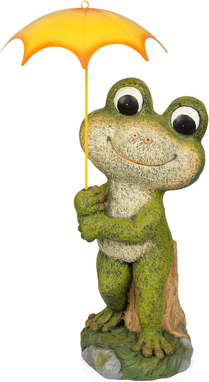 Alpine Corporation QWR1004 Indoor/Outdoor Smiling Frog with Yellow Umbrella Garden Statue, Playful Frog Statue, 23" H, Green