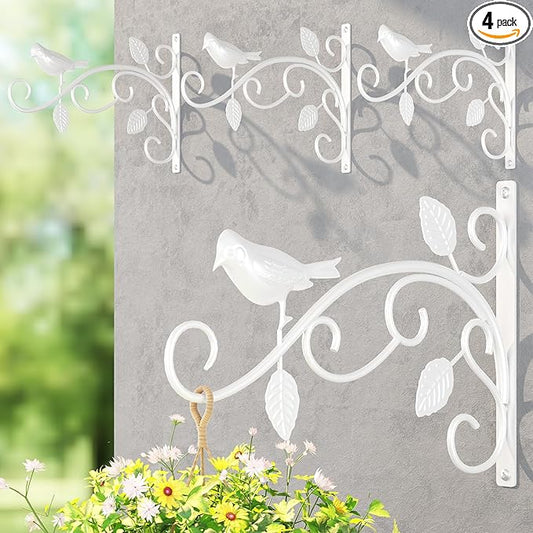 LASZOLA 4 Pack 12 Inch Hanging Plant Brackets, Heavy Duty Iron Wall Hooks with Decorative Bird and Leaf, Rust Proof Metal Outdoor Fence Hangers for Bird Feeders, Planters, Wind Chimes, Lanterns, White