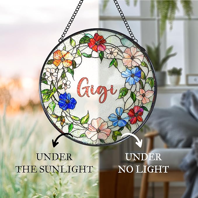 Gigi Floral Stained Glass Window Hanging Suncatcher for Grandma, Grandma's Garden Sun Catcher Window Wall Hanging Decor, Gigi Gifts for for Mothers Day Christmas Birthday, 7.8 x 7.8 in
