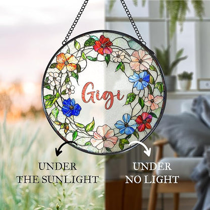 Gigi Floral Stained Glass Window Hanging Suncatcher for Grandma, Grandma's Garden Sun Catcher Window Wall Hanging Decor, Gigi Gifts for for Mothers Day Christmas Birthday, 7.8 x 7.8 in