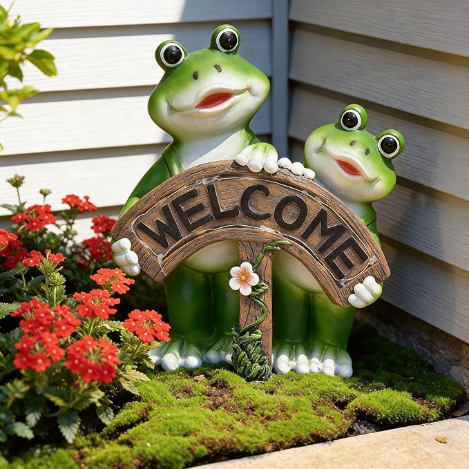 Frog Garden Decor, Frog Solar Garden Statue, 8.26" Frog Outdoor Decor, Outdoor Solar Garden Figurines Decorative Art Housewarming Welcome Sign Gifts for Patio Yard Lawn Ornament