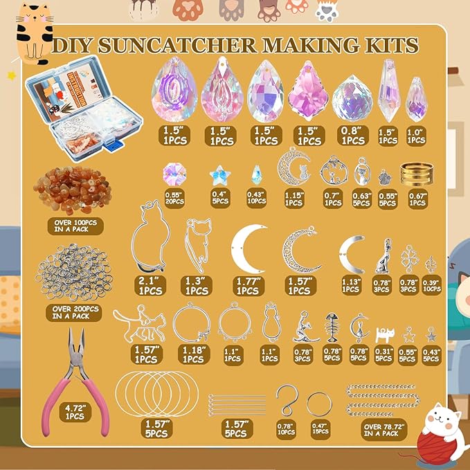 DIY Suncatchers, 450 pcs Sun Catchers Making Supplies Kit Art and Crafts for Adults Prism Hanging Decorative Suncatcher with Crystals Rainbow Maker for Indoor Windows Office Home Decor (Cat)