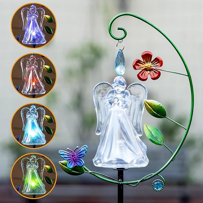 Solar Angel Lights - Color Changing Angel Statue for Outdoor Garden & Cemetery Decor, Solar Powered Waterproof, Memorial Gift for Loss of Mother, Sympathy Gifts for Women (1-Pack)