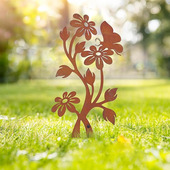 Metal Butterfly&Daisy Decorative Garden Stake, Swaying Flowers Decor for Outside, Yard Art Lawn Ornaments for Outdoor and Garden Gifts for Lawn, Pathway, Porch, Backyard Patio, Garden Decor（Rusty）