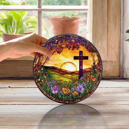 Cross Stained Glass Window Hanging, Christian Cross Wildflower Sunshine Landscape Suncatcher, Easter Sun Catchers Indoor Window Round Glass Wall Art Hanging Decorations, 7.9x7.9in