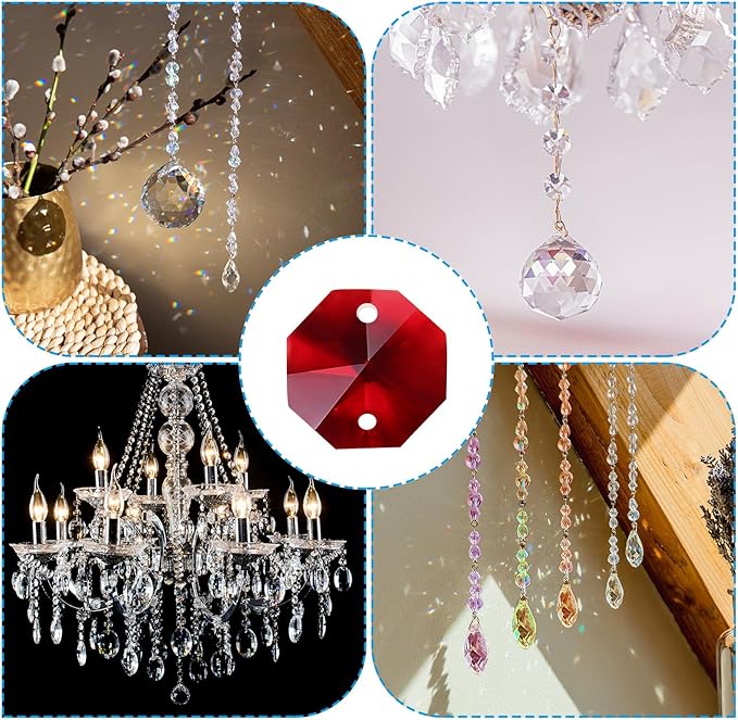 PATIKIL K9 Crystal Octagon Beads 2 Holes Pendants, 60 Pack 14mm Chandelier Prisms Parts Ornaments Hanging Beads for DIY Arts Crafts Decoration, Dark Red