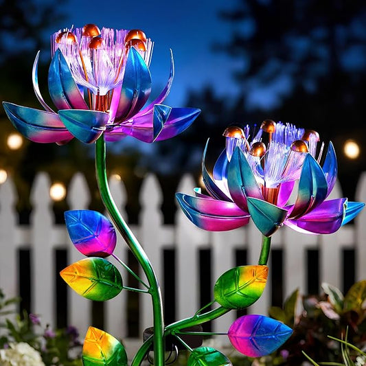 Solar Wind Spinner Outdoor Metal Garden Decor – 2-in-1 Kinetic Double Lotus Flower Stake with Glowing Fiber Optic Lights, Multi-Color Spinning Yard Art Sculpture for Patio, Lawn, and Pathway
