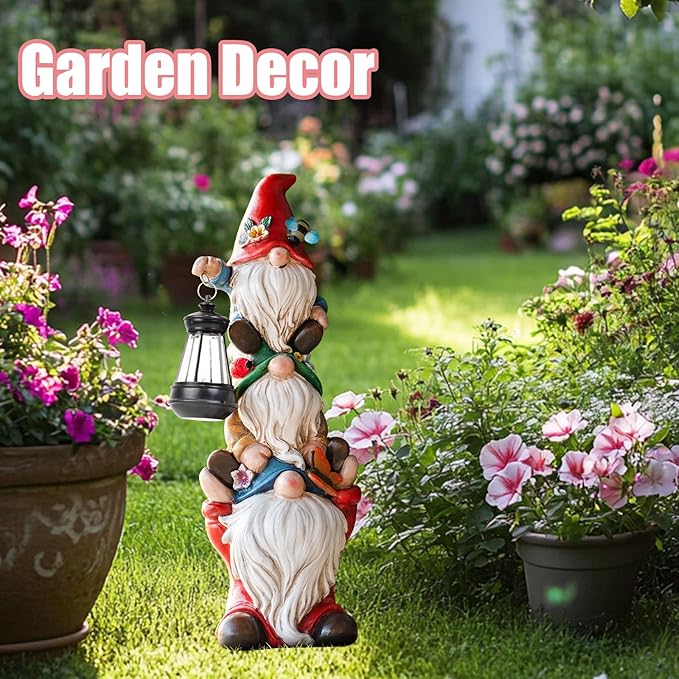 twinbling Garden Gnome Statue with Solar Lights Garden Sculptures Funny Triple Gnome Outdoor Patio Lawn Yard Balcony Home Decor Birthday Gift for Mom Woman Grandma 12 in Mothers Day Gnomes