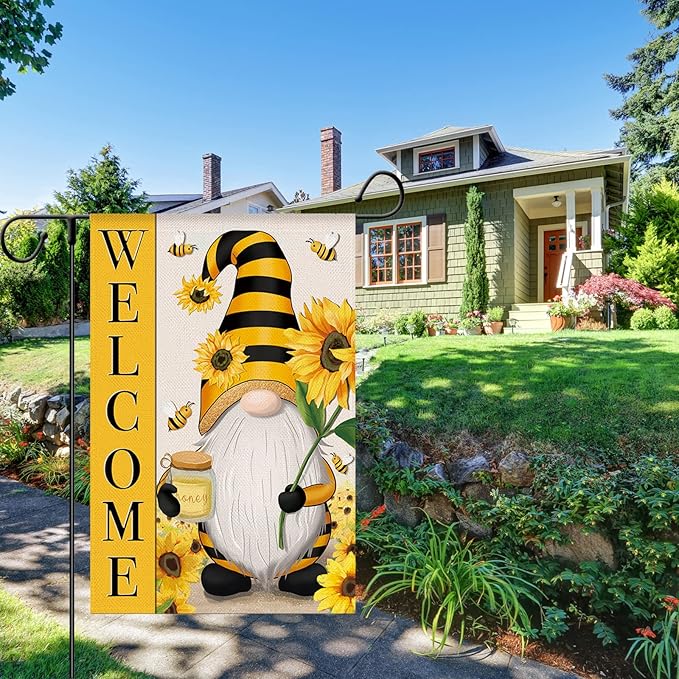 Welcome Spring Summer Garden Flag Sunflower Gnome Floral Bee Flag, 12 x 18 Inch Vertical Double Sided Burlap Banner for Outdoor Seasonal Decoration