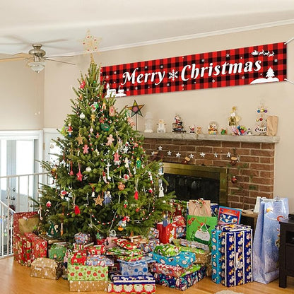 Probsin Large Merry Christmas Banner 120" x 20" Double Printed Xmas Decoration Red Buffalo Plaid Hanging Huge Sign Holiday Party Supplies Home Decor for Outdoor,Indoor,Yard,Garden,Porch,Lawn