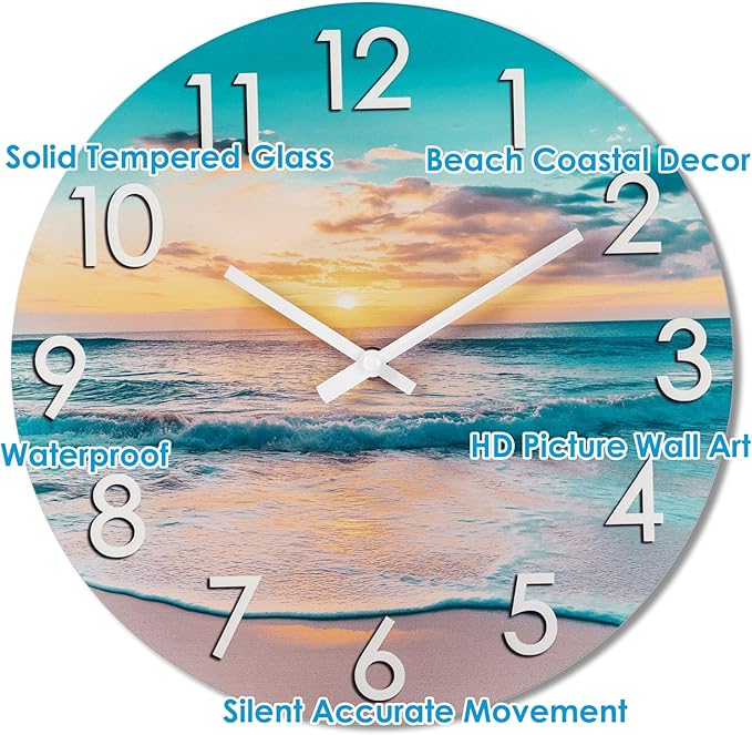 14 Inch Outdoor Wall Clock Waterproof – Tempered Glass with Stunning Sunset Beach & Sand Scene, UV Resistant Silent Battery Operated, Coastal Decor for Patio, Pool, Backyard & Bathroom