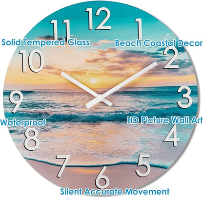 14 Inch Outdoor Wall Clock Waterproof – Tempered Glass with Stunning Sunset Beach & Sand Scene, UV Resistant Silent Battery Operated, Coastal Decor for Patio, Pool, Backyard & Bathroom