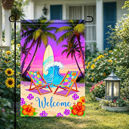 BlissYard Welcome Summer Beach Garden Flag 12x18 Double Sided Vertical Outdoor Decor Surfboard Chair Tropical Yard Garden Lawn Banner Coastal Seasonal Display