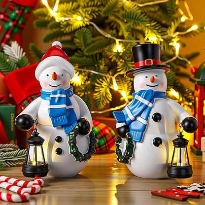 Suzile 2 Pack Solar Snowman Statue Winter Decoration 9.4 Inch Resin Garden Winter Statue with Lantern Lights Outside Snowman Figurine for Pathway Courtyard Lawn Patio Porch Indoor Home Decor